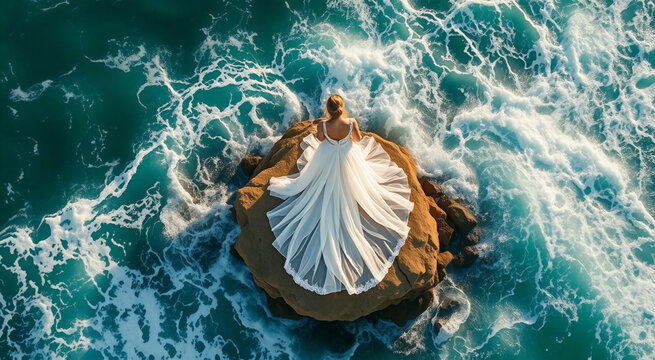 Aerial view of a bride standing on a rock amidst turbulent ocean waves. The dramatic scenery captures the elegance of the bride against the raw power of nature.