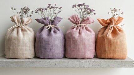 Minimalist concrete shelf displays pastel cloth sacks with flower accents