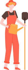Female farmer is depicted holding a watering can and a shovel, symbolizing agricultural practices and the essential role of women in farming