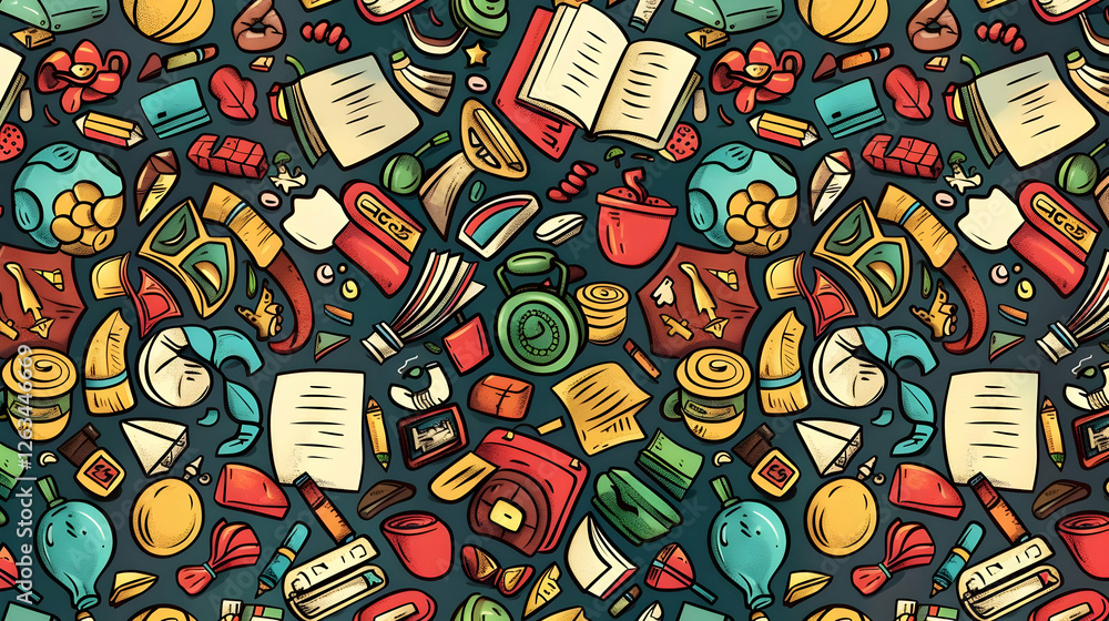 Poster colorful pattern of various food items, books, and objects creating a vibrant background design