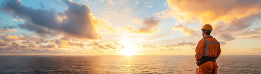 Fototapeta premium A worker in safety gear gazes at a stunning sunset over the ocean, capturing a moment of tranquility amidst a professional environment.