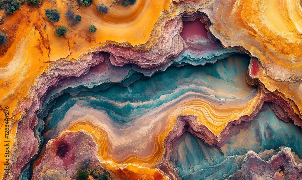 Poster abstract aerial view of multicolored geological formation with swirling patterns