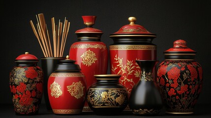 Ornate red and black decorative vases home decor art collection elegant environment close-up view cultural heritage