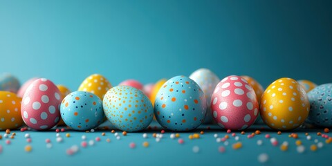 Colorful decorated eggs spread across a blue background creating a festive atmosphere for spring celebrations and Easter festivities