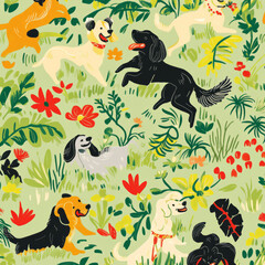 Naklejka premium A bright, modern illustration with border collies, cocker spaniels, and dachshunds playing fetch on grassy fields. The colors are bold, with pops of red, yellow, and green, creating an active and