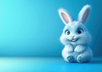Obraz premium 3d Bunny Animation Cartoon Cute Smiling Fluffy Ears Blue Background Copy Space Happy Easter Greeting Card