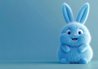 Fototapeta premium 3d Bunny Animation Cartoon Cute Smiling Fluffy Ears Blue Background Copy Space Happy Easter Greeting Card