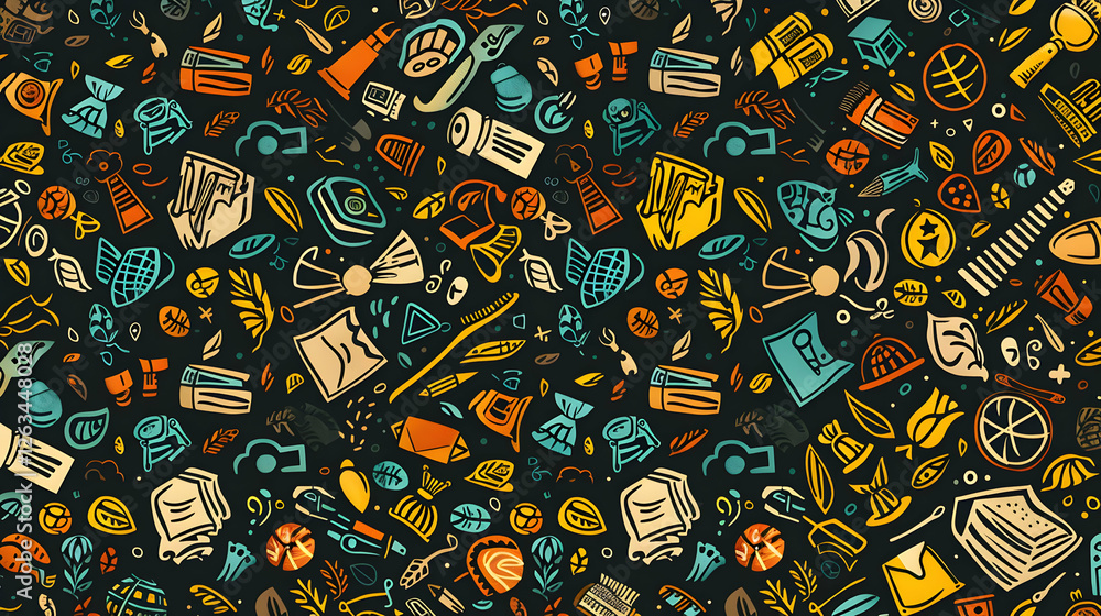 Poster colorful pattern of various objects and symbols representing creativity, design, and art in a vibran