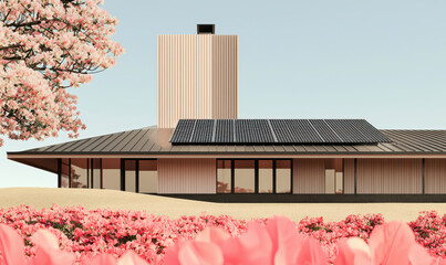 Stunning Eco-Friendly Home Design with Solar Panels Surrounded by Beautiful Blossoms and a Serene Landscape