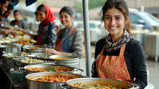 A smiling woman in a refugee camp serves food from large pots, volunteering at a community kitchen to help those in need.