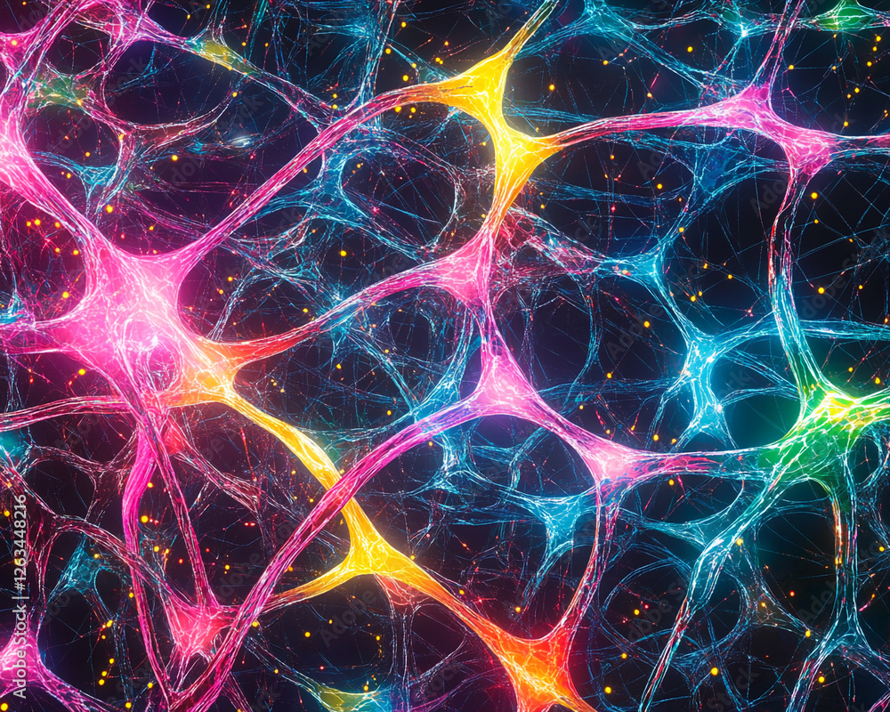 Poster Close-up view of a vibrant, colorful, and interconnected digital network showcasing glowing nodes and threads, representing technology, data flow, and futuristic innovation.