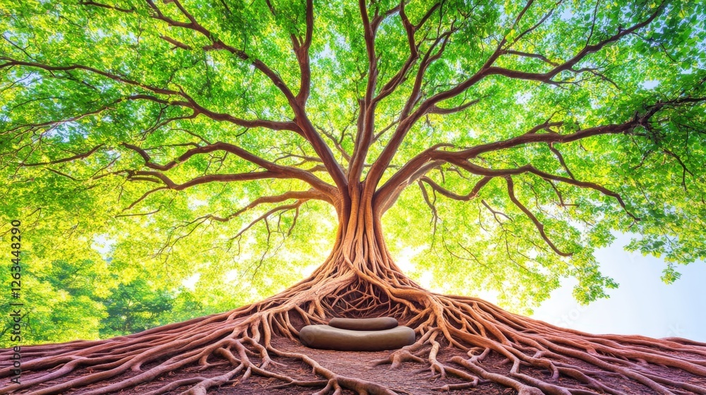 Poster Ancient Tree with Roots Creating a Natural Meditation Space Near the Sea in a Serene Setting