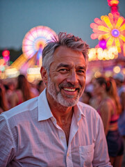 Obraz premium Summer 2025 AI neon trends: A man in a white shirt smiles at the camera.