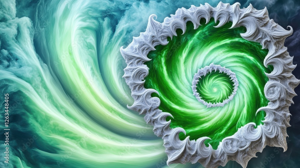 Poster captivating aurora borealis with fibonacci spirals and sweeping green swirls in ethereal atmosphere