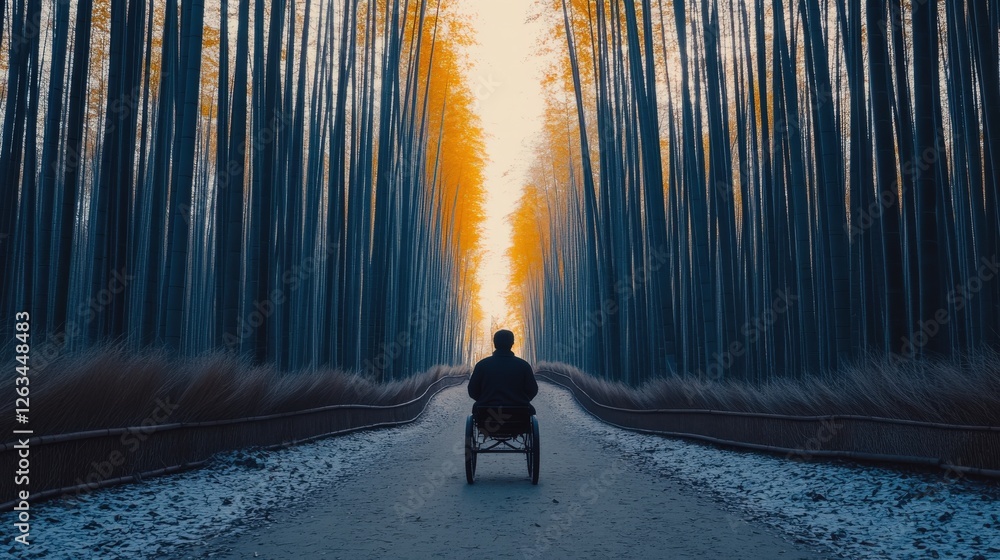 Poster meditative figure in illuminated bamboo forest path at dawn with tall trees surrounding