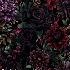 A dramatic floral illustration with dark, moody flowers like black roses, dahlias, and ivy in rich tones of purple, crimson, and green. The design creates an elegant and mysterious atmosphere.