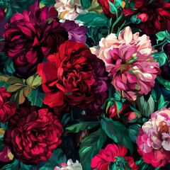 A rich floral illustration with bold and intricate roses, dahlias, and peonies in vibrant shades of crimson, fuchsia, and emerald green. The design has a luxurious and passionate feel.