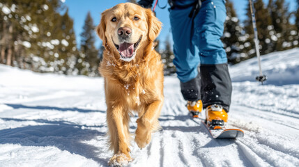 Golden Retriever Dog Joyfully Running Alongside Skier in Snow-Covered Landscape Under Bright Blue Sky in Winter Wonderland Scene