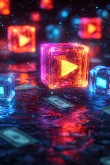 Futuristic glowing play button icons in a digital landscape, symbolizing streaming, online media, and video content creation