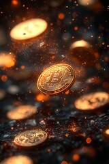 Glowing Bitcoin coin floating in a futuristic digital space, symbolizing cryptocurrency, blockchain technology, and decentralized finance
