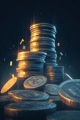 Stacks of glowing coins in a futuristic setting, symbolizing wealth, digital finance, cryptocurrency, and economic growth
