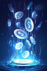 Futuristic glowing digital coins floating above a high-tech platform, symbolizing virtual currency, financial technology, and the future of digital finance