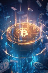 Futuristic glowing Bitcoin platform surrounded by floating banknotes, symbolizing cryptocurrency, blockchain technology, and digital finance revolution