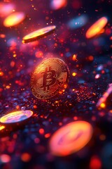 Glowing Bitcoin coin floating in a futuristic digital space, symbolizing cryptocurrency, blockchain technology, and decentralized finance