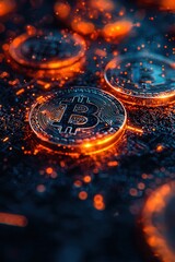 Glowing Bitcoin coins on a futuristic digital surface, symbolizing cryptocurrency, blockchain technology, and decentralized finance