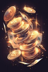 Stacks of glowing cryptocurrency coins and floating banknotes, symbolizing digital finance, wealth, and economic growth in a futuristic concept