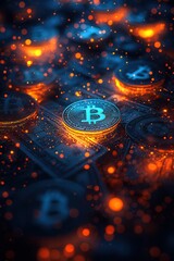 Glowing Bitcoin coins on a futuristic digital surface, symbolizing cryptocurrency, blockchain technology, and decentralized finance