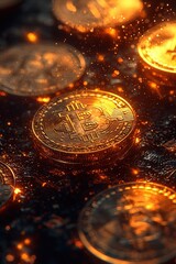 Shiny Bitcoin coins with a glowing effect on a futuristic surface, symbolizing cryptocurrency, blockchain technology, and digital finance