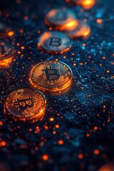 Glowing Bitcoin coins on a futuristic digital surface, symbolizing cryptocurrency, blockchain technology, and financial innovation