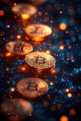 Glowing Bitcoin coins on a futuristic digital surface, symbolizing cryptocurrency, blockchain technology, and financial innovation