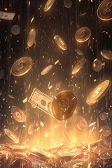 Golden coins and paper money falling into a fiery glow, symbolizing wealth, cryptocurrency, financial risk, and economic power