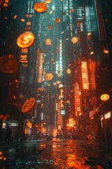 Futuristic cyberpunk cityscape with glowing neon signs and floating digital coins, creating a dystopian atmosphere with a blend of technology and finance