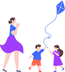 Two joyful children playing with a blue kite while their mother claps her hands, enjoying outdoor leisure time together. Celebrating family moments filled with happiness and love