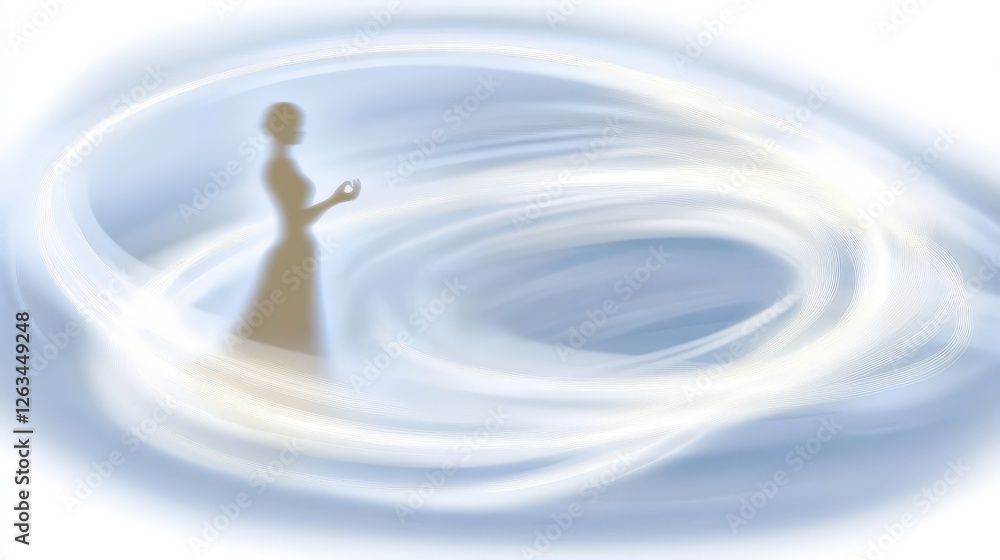 Poster glowing energy flow in circular motion around meditative figure with soft ethereal background