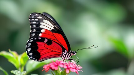 Naklejka premium Red butterfly feeding on pink flower, lush green background, nature photography, perfect for nature websites
