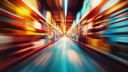 Abstract motion blur of bright colors and lights in warehouse or city street, symbolizing speed, technology, and movement
