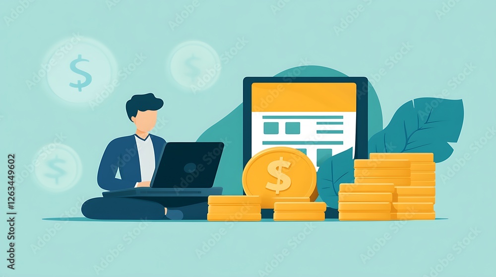 Poster person working on laptop with stacks of coins and a mobile app showing financial data.