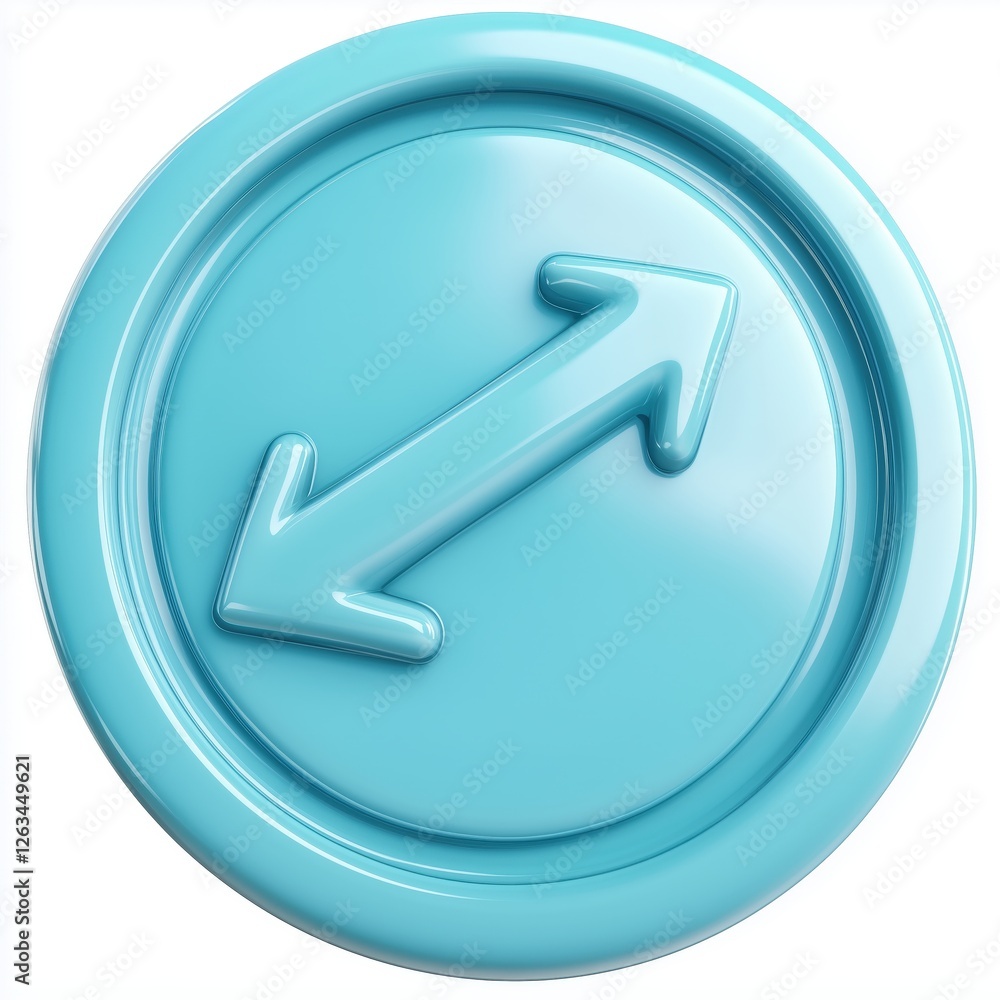 Aufkleber a shiny turquoise 3d circular icon with a diagonal arrow symbol in the center.