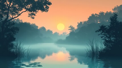 Tranquil misty lake at sunrise reflects the warm light