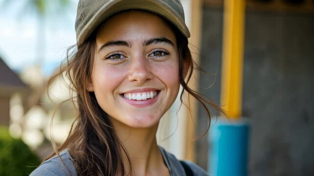 Smiling volunteer at construction site wearing a cap enjoys sunny day  while engaging with nearby activities
