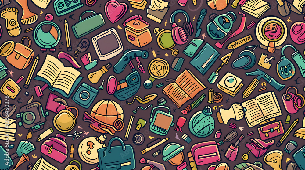 Poster colorful collection of various everyday objects scattered across a dark background, creating a vibra