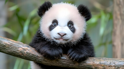 Obraz premium Cute baby panda cub on branch, bamboo forest background, wildlife conservation