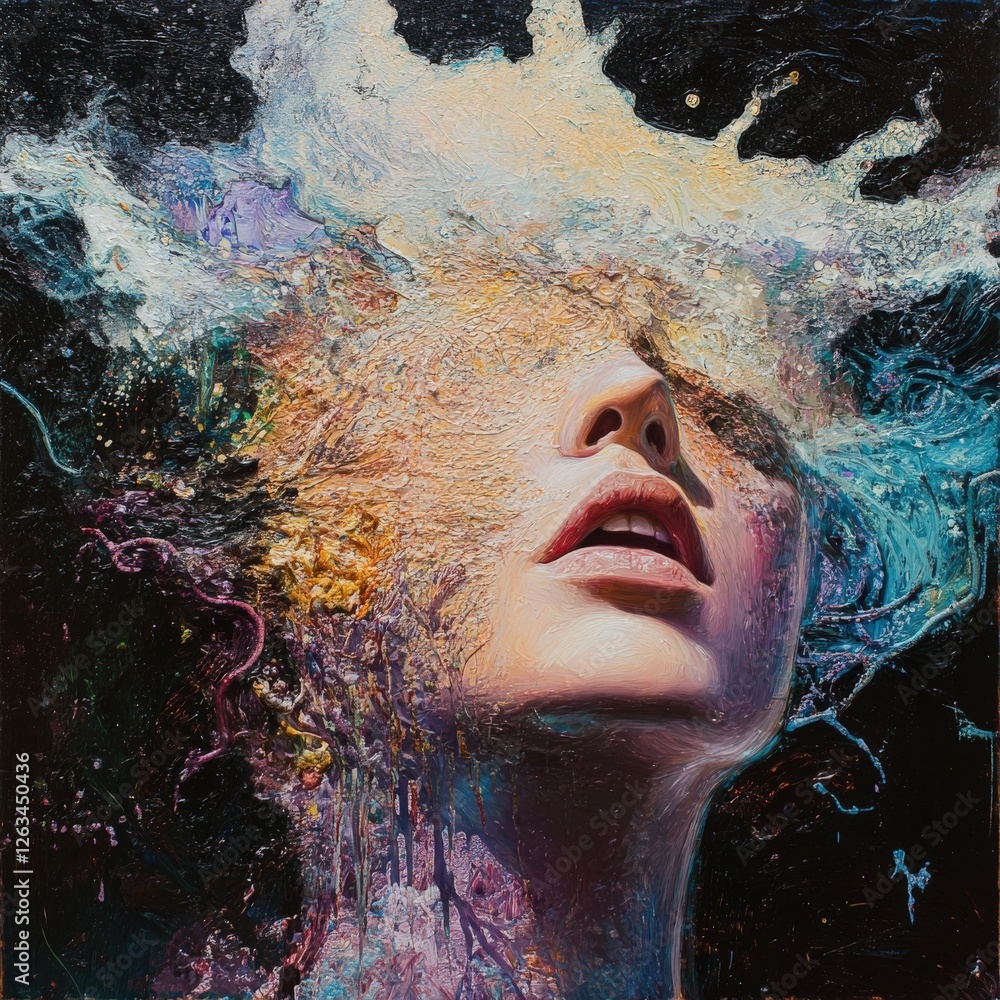 Poster abstract artistic portrait with surreal textures and ethereal colors capturing human emotion and exp