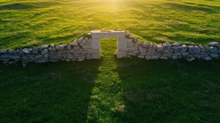 ancient astronomical alignment, an awe-inspiring aerial perspective of an ancient archaeological site perfectly aligned with the spring equinox sunrise, as golden rays shine through a carefully