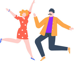 Energetic man and woman jumping joyfully in mid air, celebrating with arms raised high and bright smiles, radiating a sense of freedom, happiness, and playful excitement