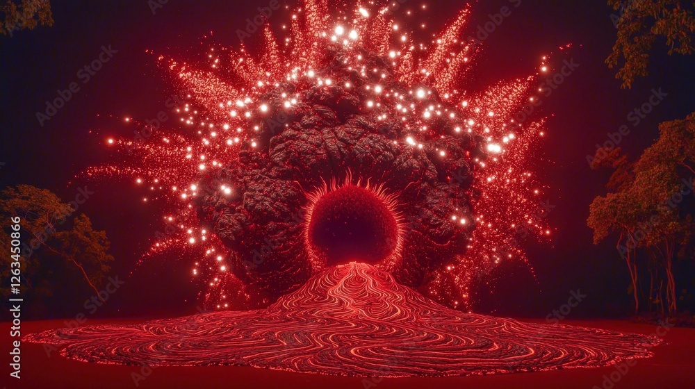 Poster eruption of lava creating natural fibonacci like flow in a stunning fiery landscape